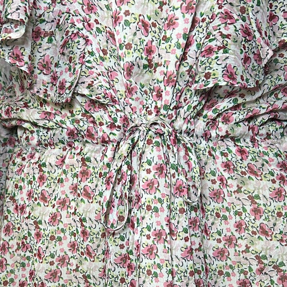 M/L Floral Print Long Sleeve Eyelet Ruffled Mini Tie Waist Dress - Picture 4 of 7